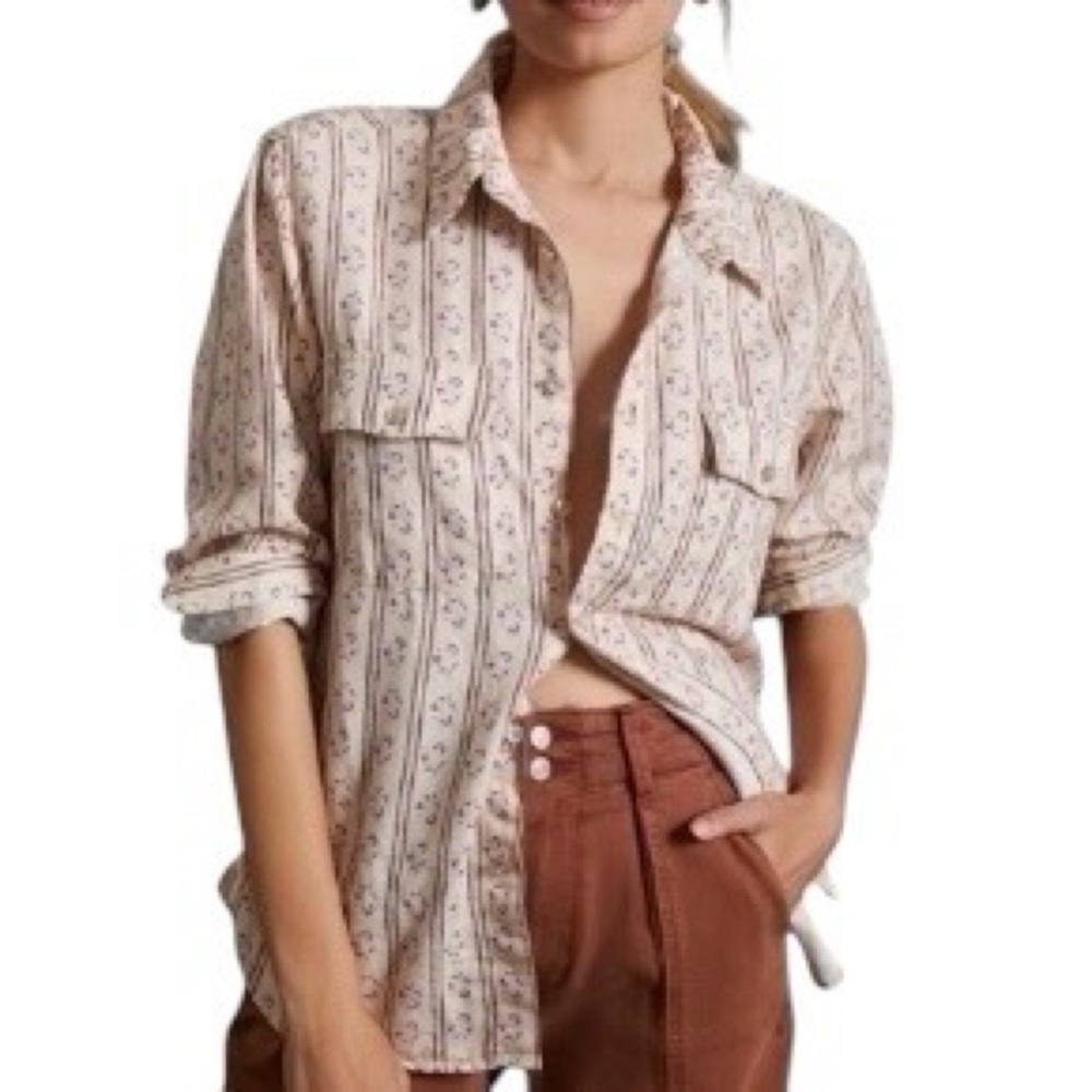 MOTHER The Frenchie Frenchie Floral Stripe Long Sleeve Button-Up Shirt Top